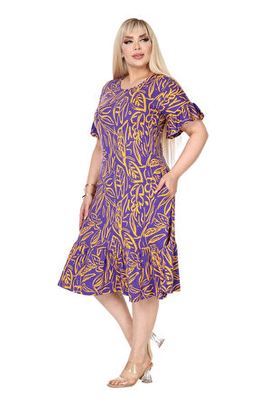 Melsay Butik Kadın Büyük Beden Eteği Fırfırlı Mor Yaprak Desen Cepli Elbise