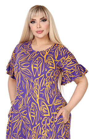 Melsay Butik Kadın Büyük Beden Eteği Fırfırlı Mor Yaprak Desen Cepli Elbise