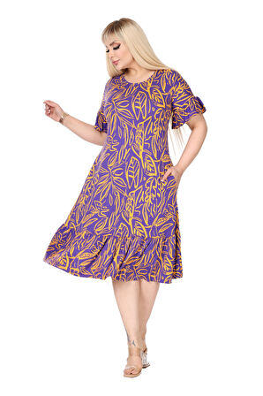 Melsay Butik Kadın Büyük Beden Eteği Fırfırlı Mor Yaprak Desen Cepli Elbise