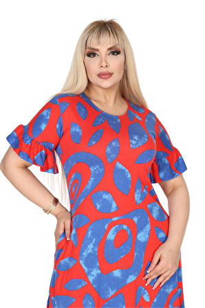 Melsay Butik Kadın Büyük Beden Eteği Fırfırlı Pembe Nazar Desen Cepli Elbise