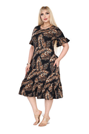 Melsay Butik Siyah Başak Desen Büyük Beden Eteği Fırfırlı Cepli Elbise