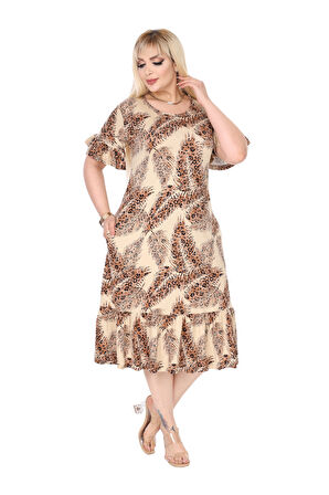 Melsay Butik Ekru Başak Desen Büyük Beden Eteği Fırfırlı Cepli Elbise