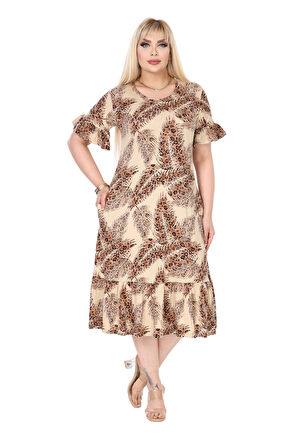 Melsay Butik Ekru Başak Desen Büyük Beden Eteği Fırfırlı Cepli Elbise