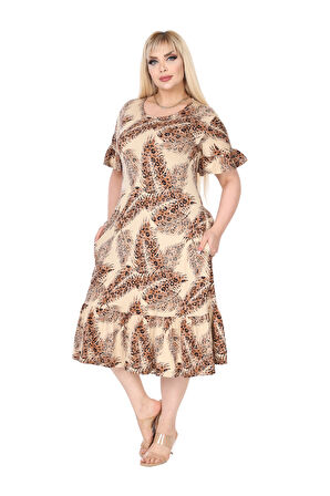 Melsay Butik Ekru Başak Desen Büyük Beden Eteği Fırfırlı Cepli Elbise