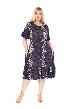 Melsay Butik Kadın Büyük Beden Eteği Fırfırlı Mor Gelincik Desen Cepli Elbise
