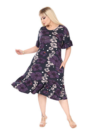 Melsay Butik Kadın Büyük Beden Eteği Fırfırlı Mor Gelincik Desen Cepli Elbise