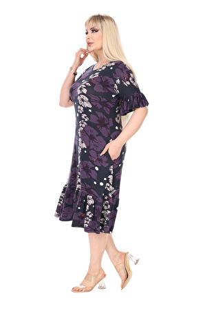 Melsay Butik Kadın Büyük Beden Eteği Fırfırlı Mor Gelincik Desen Cepli Elbise