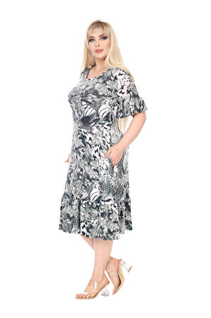 Melsay Butik Kadın Büyük Beden Eteği Fırfırlı Gri Timsah Desen Cepli Elbise