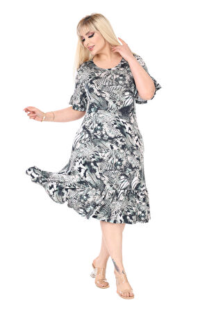 Melsay Butik Kadın Büyük Beden Eteği Fırfırlı Gri Timsah Desen Cepli Elbise