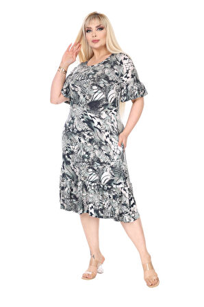 Melsay Butik Kadın Büyük Beden Eteği Fırfırlı Gri Timsah Desen Cepli Elbise