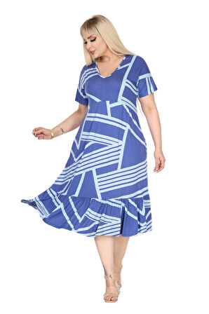 Melsay Butik Göğüsten Robalı V Yaka Kısa Kollu Mavi Çizgili Desen Cepli Elbise