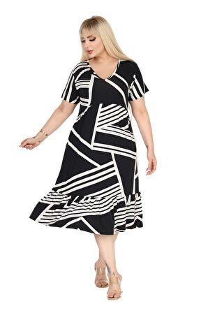 Melsay Butik Göğüsten Robalı V Yaka Kısa Kollu Siyah Çizgili Desen Cepli Elbise