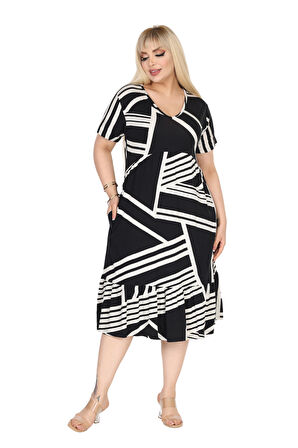 Melsay Butik Göğüsten Robalı V Yaka Kısa Kollu Siyah Çizgili Desen Cepli Elbise