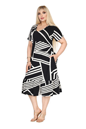 Melsay Butik Göğüsten Robalı V Yaka Kısa Kollu Siyah Çizgili Desen Cepli Elbise