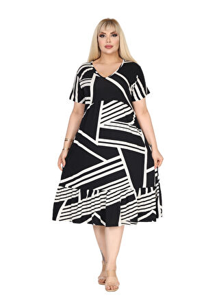 Melsay Butik Göğüsten Robalı V Yaka Kısa Kollu Siyah Çizgili Desen Cepli Elbise