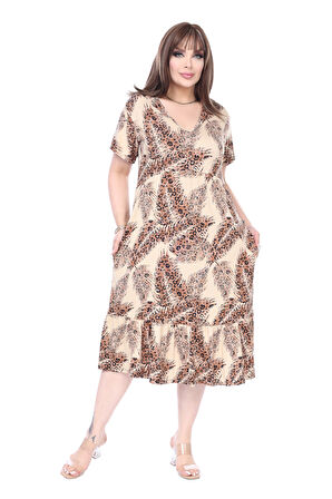 Melsay Butik Göğüsten Robalı V Yaka Kısa Kollu Ekru Başak Desen Cepli Elbise