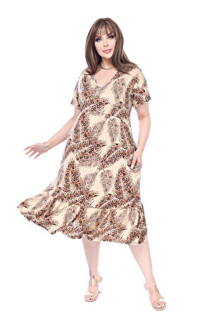 Melsay Butik Göğüsten Robalı V Yaka Kısa Kollu Ekru Başak Desen Cepli Elbise