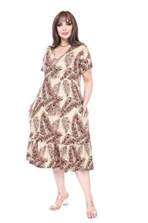 Melsay Butik Göğüsten Robalı V Yaka Kısa Kollu Ekru Başak Desen Cepli Elbise