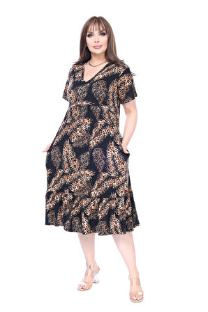 Melsay Butik Göğüsten Robalı V Yaka Kısa Kollu Siyah Başak Desen Cepli Elbise