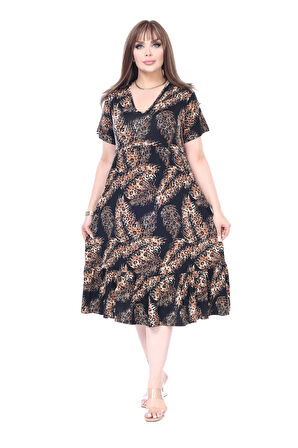 Melsay Butik Göğüsten Robalı V Yaka Kısa Kollu Siyah Başak Desen Cepli Elbise