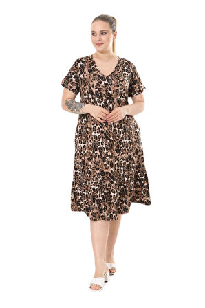 Melsay Butik Göğüsten Robalı V Yaka Kısa Kollu Leopar Desen Cepli Elbise