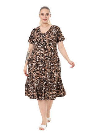 Melsay Butik Göğüsten Robalı V Yaka Kısa Kollu Leopar Desen Cepli Elbise