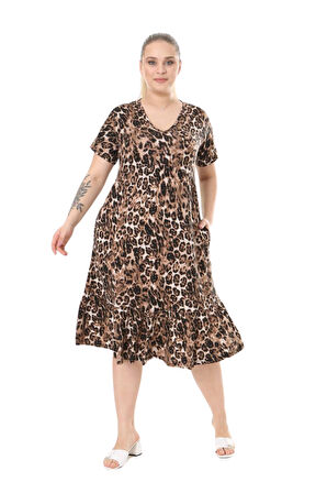 Melsay Butik Göğüsten Robalı V Yaka Kısa Kollu Leopar Desen Cepli Elbise