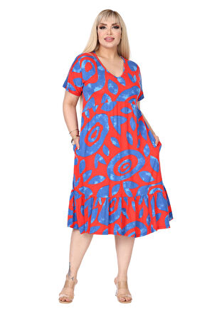 Melsay Butik Göğüsten Robalı V Yaka Kısa Kollu Pembe Nazar Desenli Cepli Elbise