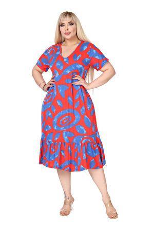 Melsay Butik Göğüsten Robalı V Yaka Kısa Kollu Pembe Nazar Desenli Cepli Elbise