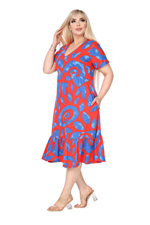 Melsay Butik Göğüsten Robalı V Yaka Kısa Kollu Pembe Nazar Desenli Cepli Elbise