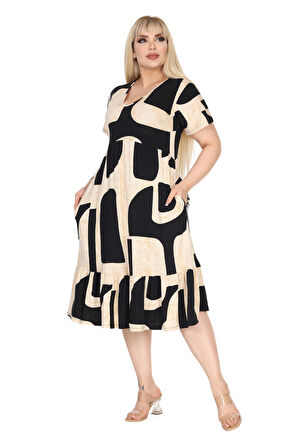 Melsay Butik Göğüsten Robalı V Yaka Kısa Kollu Bej Geometrik Desen Cepli Elbise