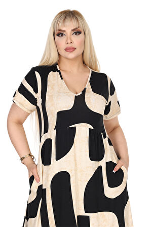 Melsay Butik Göğüsten Robalı V Yaka Kısa Kollu Bej Geometrik Desen Cepli Elbise