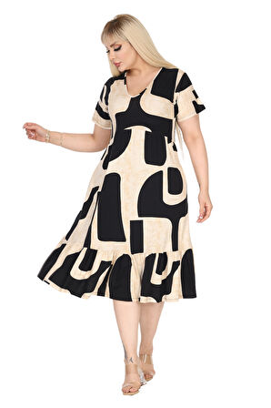 Melsay Butik Göğüsten Robalı V Yaka Kısa Kollu Bej Geometrik Desen Cepli Elbise