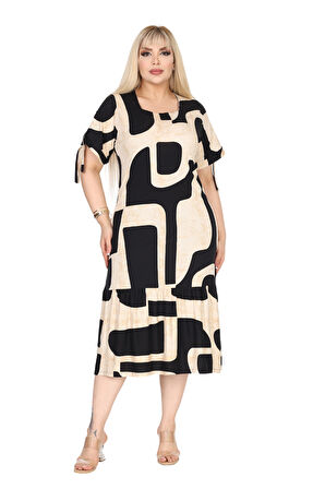 Melsay Butik Bej Geometrik Desen Kolları Bağlamalı Kısa Kollu Elbise