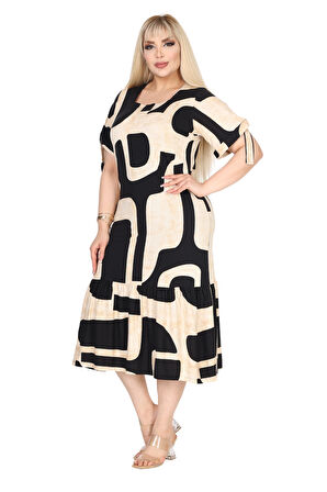Melsay Butik Bej Geometrik Desen Kolları Bağlamalı Kısa Kollu Elbise