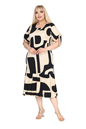 Melsay Butik Bej Geometrik Desen Kolları Bağlamalı Kısa Kollu Elbise