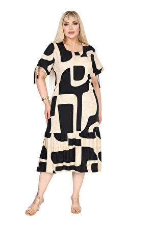 Melsay Butik Bej Geometrik Desen Kolları Bağlamalı Kısa Kollu Elbise