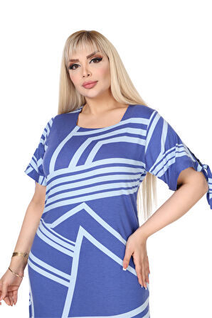 Melsay Butik Mavi Çizgili Desen Kolları Bağlamalı Kısa Kollu Elbise