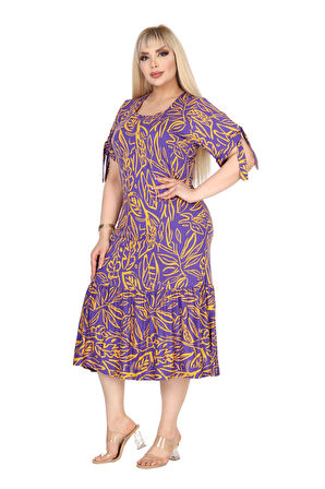 Melsay Butik Mor Yaprak Desen Kolları Bağlamalı Kısa Kollu Elbise