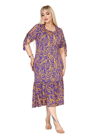 Melsay Butik Mor Yaprak Desen Kolları Bağlamalı Kısa Kollu Elbise