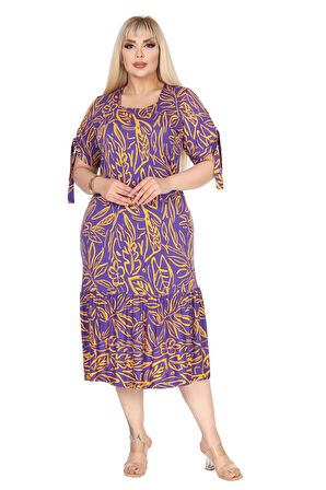 Melsay Butik Mor Yaprak Desen Kolları Bağlamalı Kısa Kollu Elbise