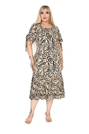 Melsay Butik Ekru Yaprak Desen Kolları Bağlamalı Kısa Kollu Elbise