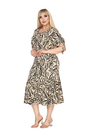 Melsay Butik Ekru Yaprak Desen Kolları Bağlamalı Kısa Kollu Elbise