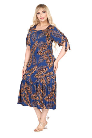 Melsay Butik Lacivert Başak Desen Kolları Bağlamalı Kısa Kollu Elbise