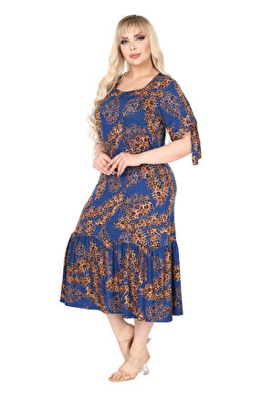 Melsay Butik Lacivert Başak Desen Kolları Bağlamalı Kısa Kollu Elbise