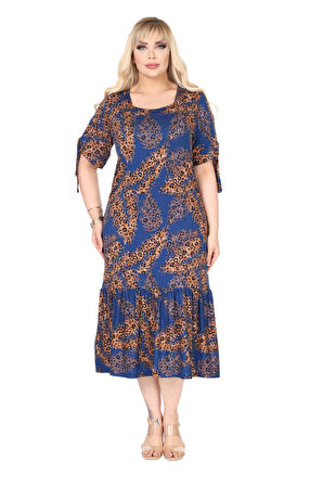 Melsay Butik Lacivert Başak Desen Kolları Bağlamalı Kısa Kollu Elbise