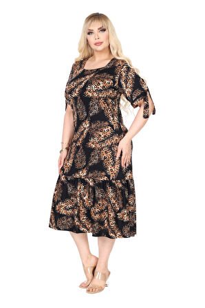 Melsay Butik Siyah Başak Desen Kolları Bağlamalı Kısa Kollu Elbise
