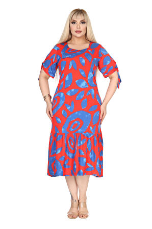 Melsay Butik Pembe Nazar Desen Kolları Bağlamalı Kısa Kollu Elbise