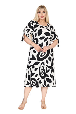 Melsay Butik Beyaz Nazar Desen Kolları Bağlamalı Kısa Kollu Elbise