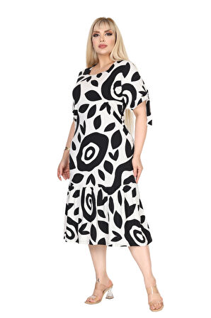 Melsay Butik Beyaz Nazar Desen Kolları Bağlamalı Kısa Kollu Elbise